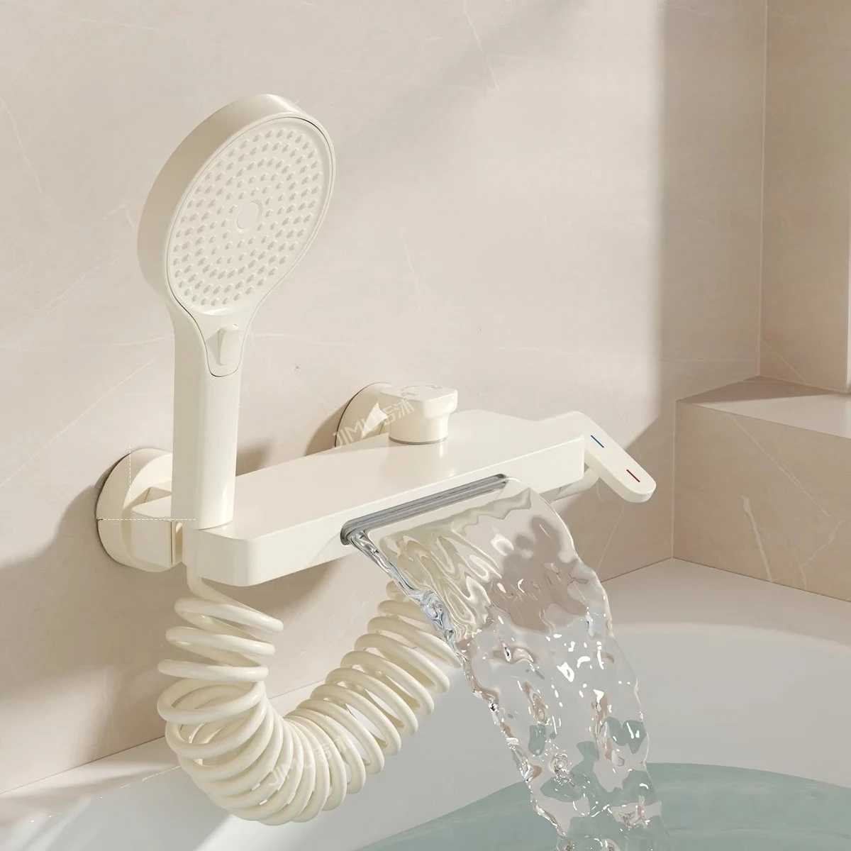 ก๊อกน้ําอ่างอาบน้ําติดผนังทองเหลืองสไตล์ครีมพร้อมพวยน้ําตก - ชุดฝักบัววาล์วผสมไหลสูง ติดตั้งง่าย 1