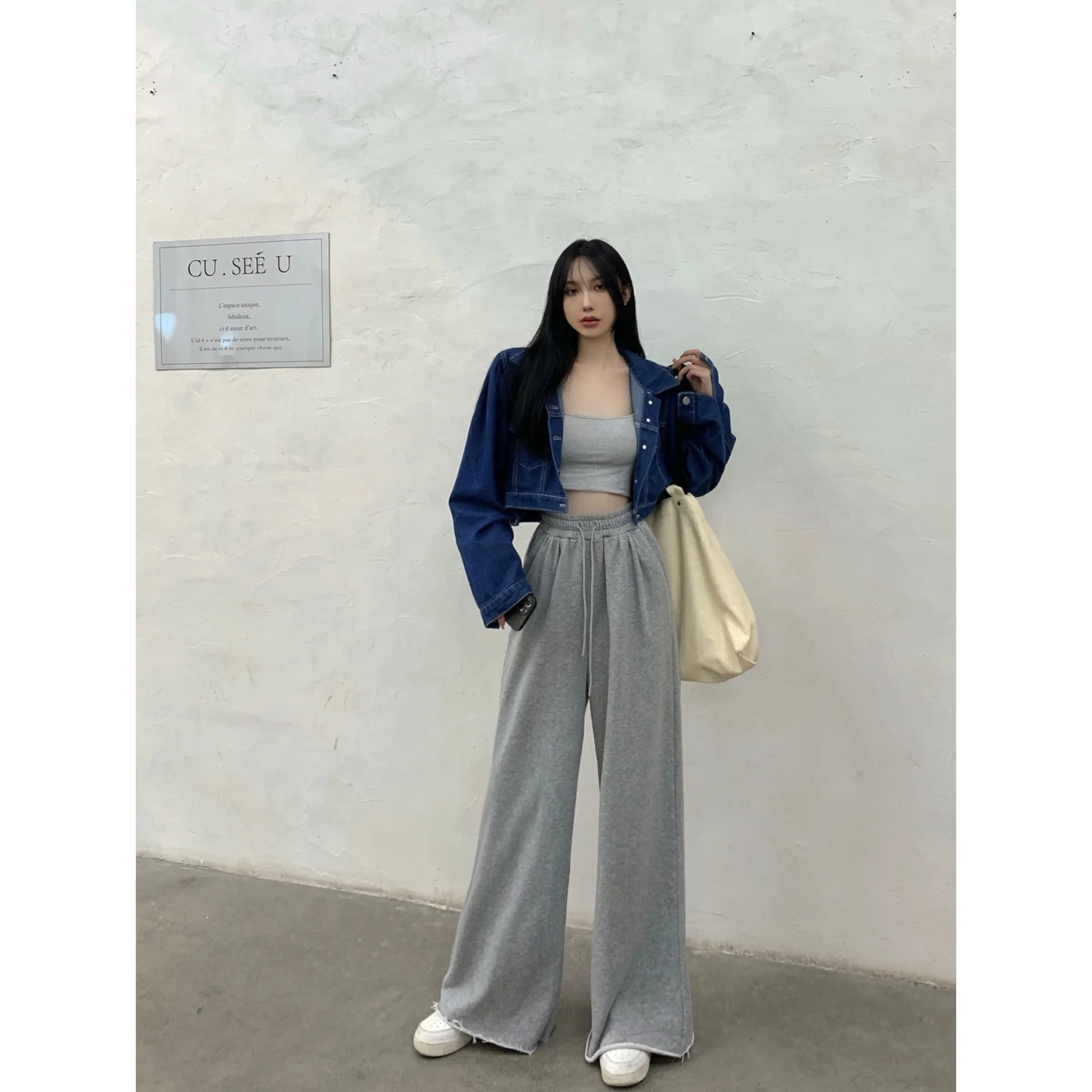 Grey Elastic Waist Wide Leg Pants Casual Women's Autumn Casual Trousers Loose Straight Suite Pants Floor Length Trousers