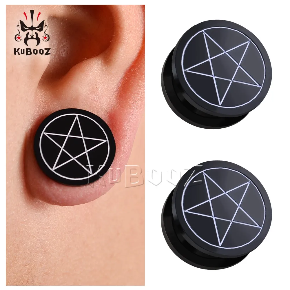 

KUBOOZ Latest Acrylic Circle Pentagram Black Ear Plugs Piercing Earrings Tunnels Gauges Body Jewelry Expanders Stretchers 2PCS