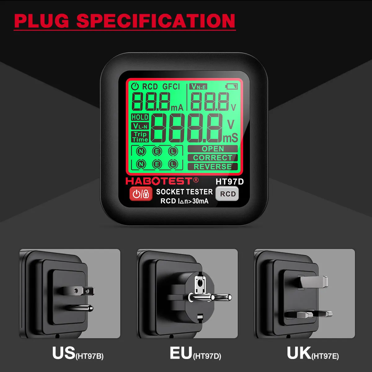 Socket Tester HT97 Pro Voltage Test LCD Digital Outlet Socket Detect US/UK/EU Plug Ground Zero Line Plug Polarity Phase Check