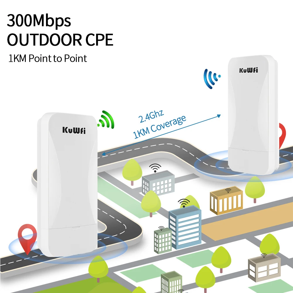 Kuwfi Ponte Wifi Exterior Extensor de Longo Alcance Kit Router Cpe ap Repetidor 1km 2.4g 300mbps - Imagem 3