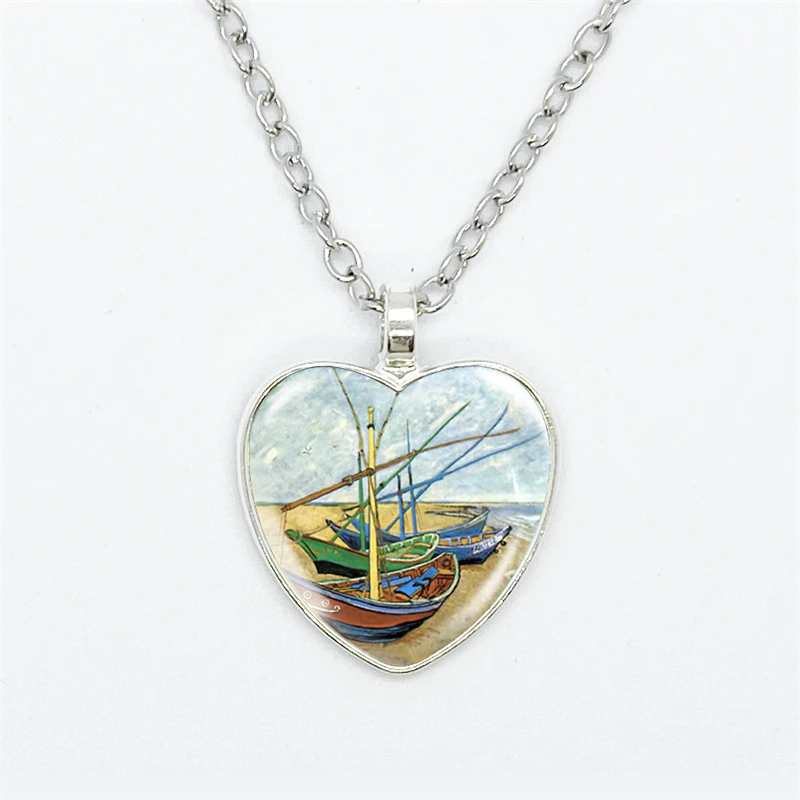 Fashion Van Gogh Art Starry Night Sunflower Necklace Glass Cabochon Painting Heart Pendant Printed Photo Necklaces 6