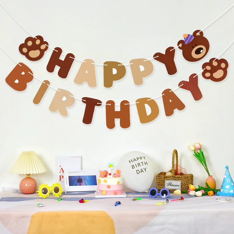Brown Teddy Bear Happy Birthday Letter Banner Garland For Kids Boy Girl Birthday Party Decoration Supplies Hanging Flags