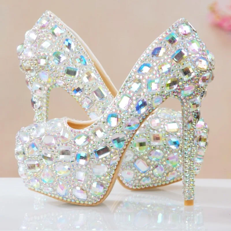 Spring Autumn Wedding Women Pumps PU 12CM Thin High Heels Pointed Toe Shallow Slip-On Full Diamond Bride Shoes For Women