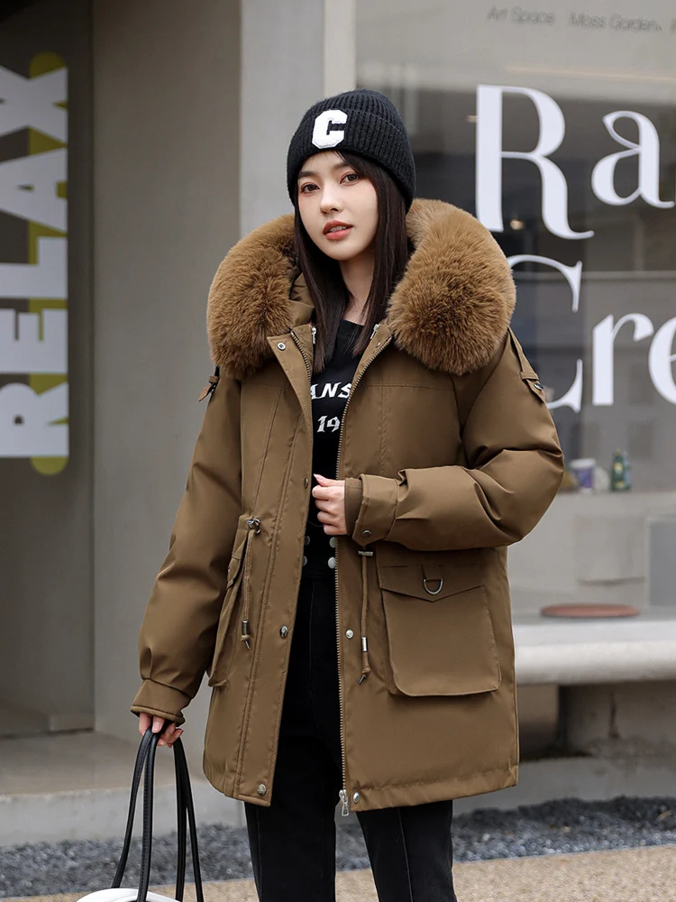 

2024 -30 Degrees Removable Liner Cotton Padded Winter Jacket Women Clothes Loose Warm Fur Hooded Parkas Coat Outwear