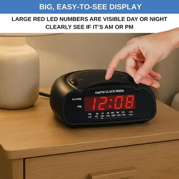 Red LED Digital Alarm Clock with AM/FM Radio, Loud Buzzer for Heavy Sleepers, Compact Desk or Bedside Clock 2