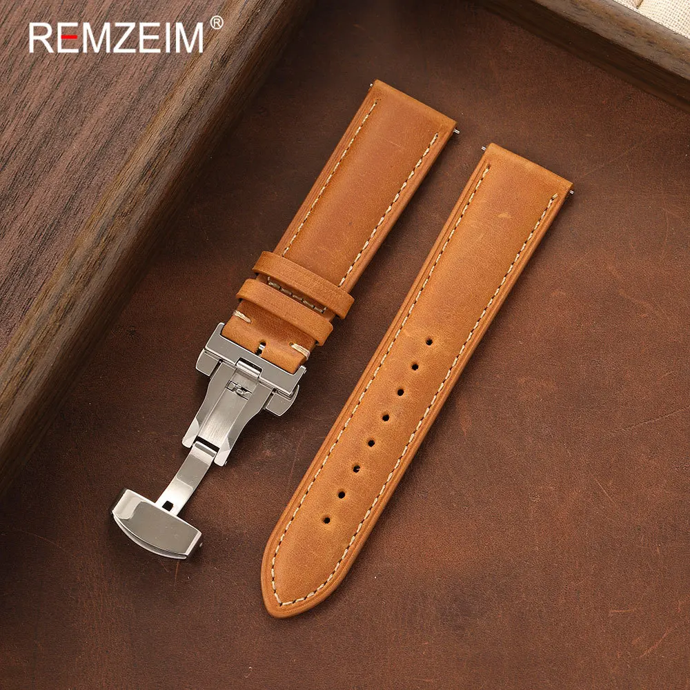 Deluxe Vintage Leather Watch Strap with Quick-Release Butterfly Buckle