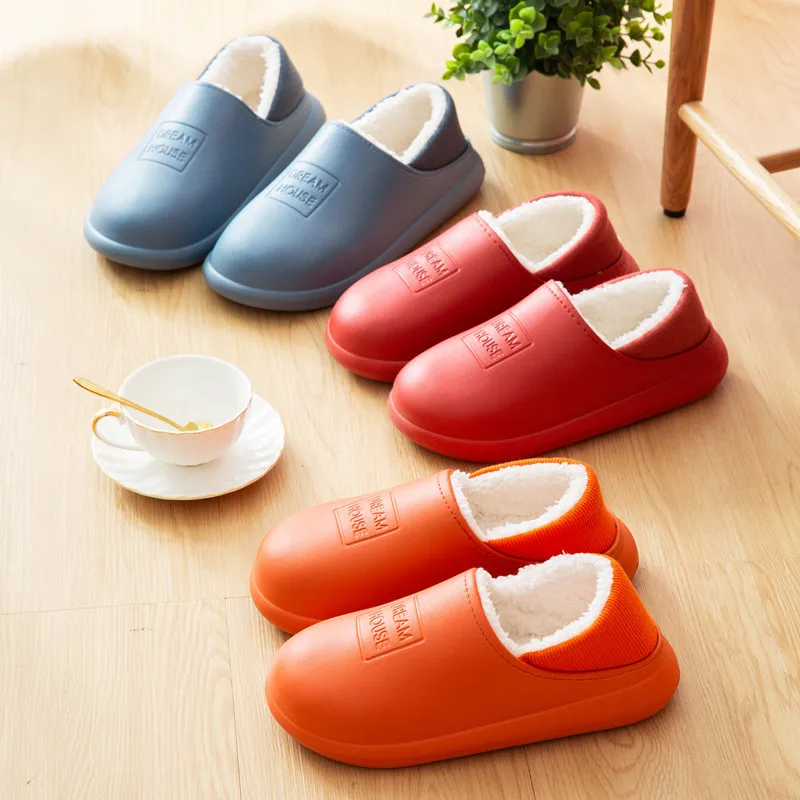 Slippers Home Winter Indoor Warm Shoes Thick Bottom Plush Waterproof Leather House Slippers women and men Cotton Shoes 2023 New