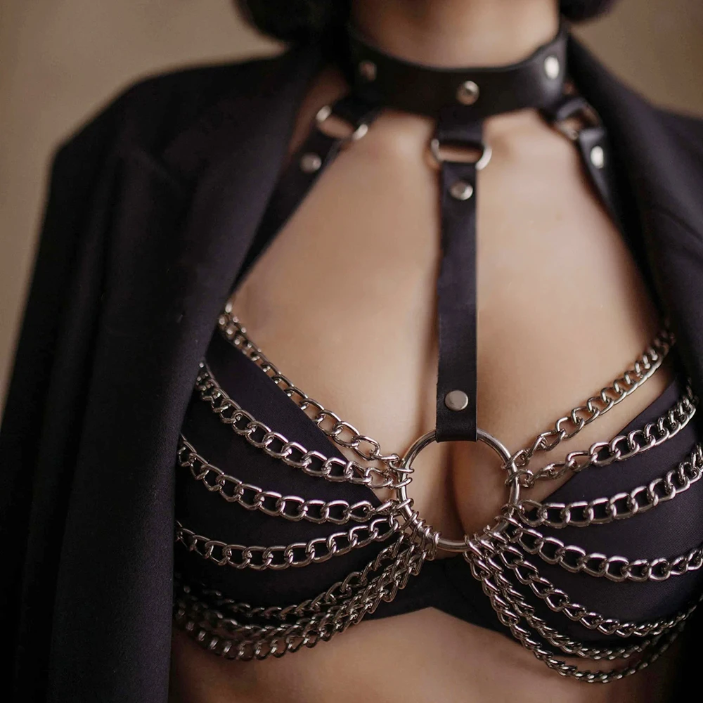 Women Bra Erotic Lingerie Harness Body Chain PU Leather Chest Harness Bondage Suspenders Underwear Corset Rave Accessories