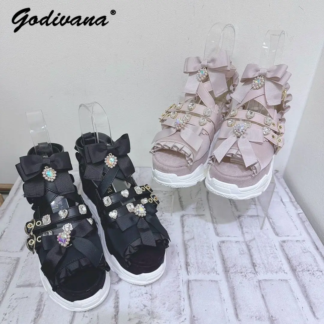 Two-Way Detachable Bow Women Girls Sandals Heart Shape Rhinestone Lolita Mine Style Platform Height Increasing Japanese Sandals