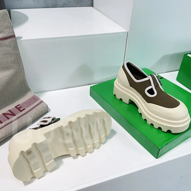 Spring Summer New Couple Shoes Retro Muffin Thick Bottom 3cm Canvas Colorblocking Style Mary Jane Loafers General Shoes