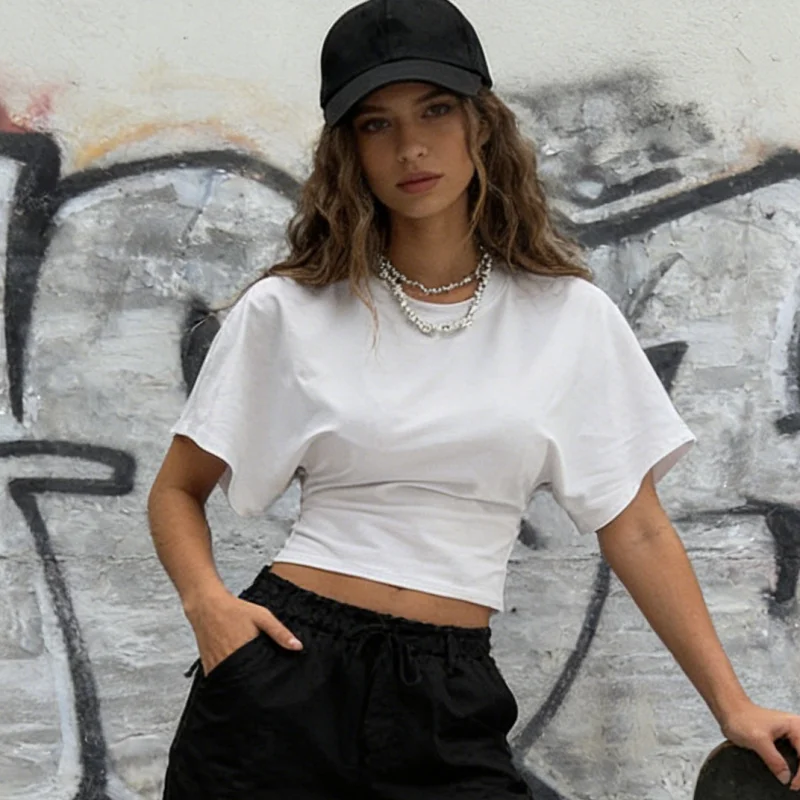 New 2026 Summer New Women's O Neck Pullover Five-quarter Sleeve Waist T-shirt Fashion Elegant Solid Color Casual Short Blouse