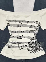 T-Shirt rétro à manches longues et épaules dénudées pour femmes, ajusté, orné d'une impression de notes musicales, à la mode, Style rétro Y2K, haute qualité 3