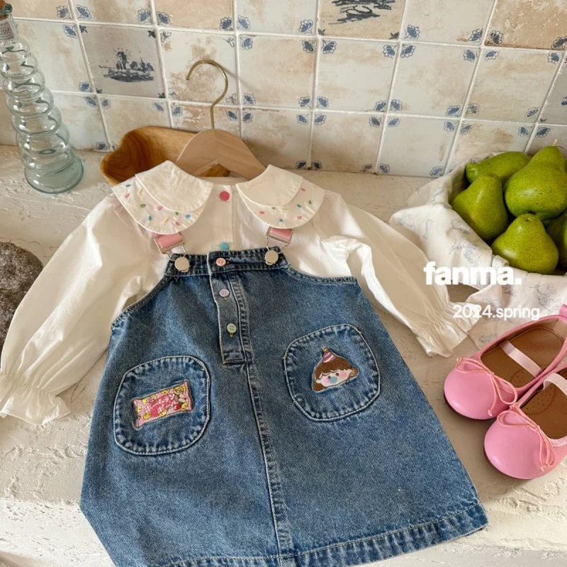 

Children's Clothing Spring New Girls' Cartoon Embroidered Denim Suspender Dress Fashionable Autumn ClothingNL
