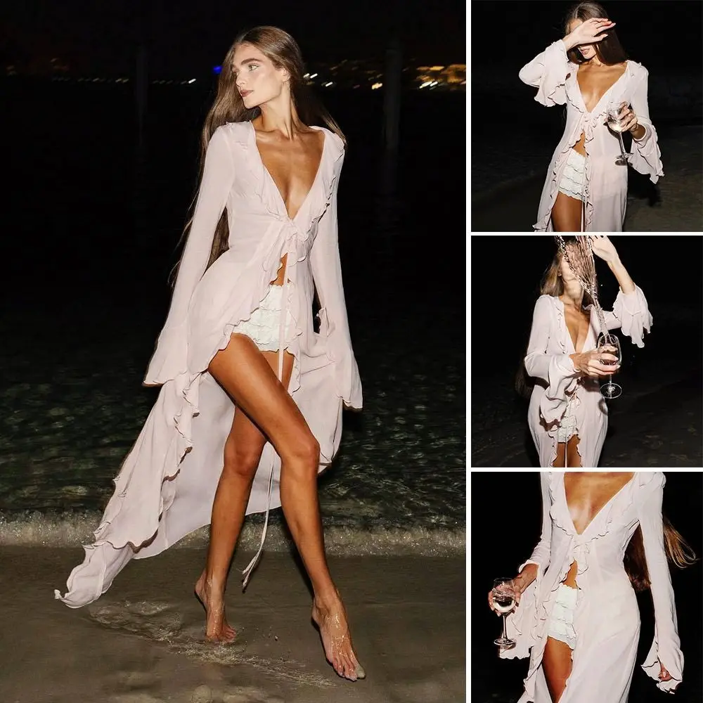 Fashion V Neck Summer Beach Cover Up Ruffled Long Sleeve Beach Dress Bathing Suit Vacation Bikini Sunscreen Smock for Women 6