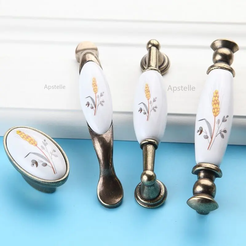 

Pastoral American Style Single Hole Handle of Wheat Ear Ceramics Cupboards Wardrobes Furniture Hardware Handles Antique Bronze