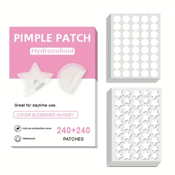 240+240Count Adult Transparent Star-Shaped Acne Patches - Effective Pore Cleansing Strips, Unscented, Alcohol-Free, Waterproof,