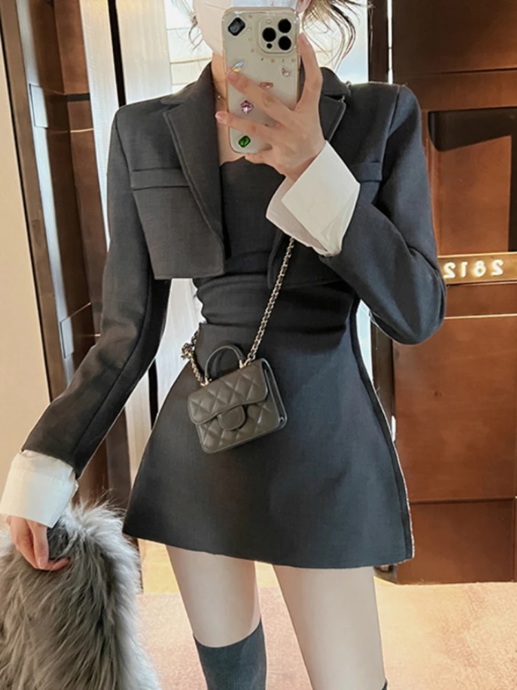 Getadme-2 Piece Dress Set Women Casual Elegant Vintage Black Midi Dress Korean Clothes Y2k Crop Top Short Coats + Skirt Autumn Chic