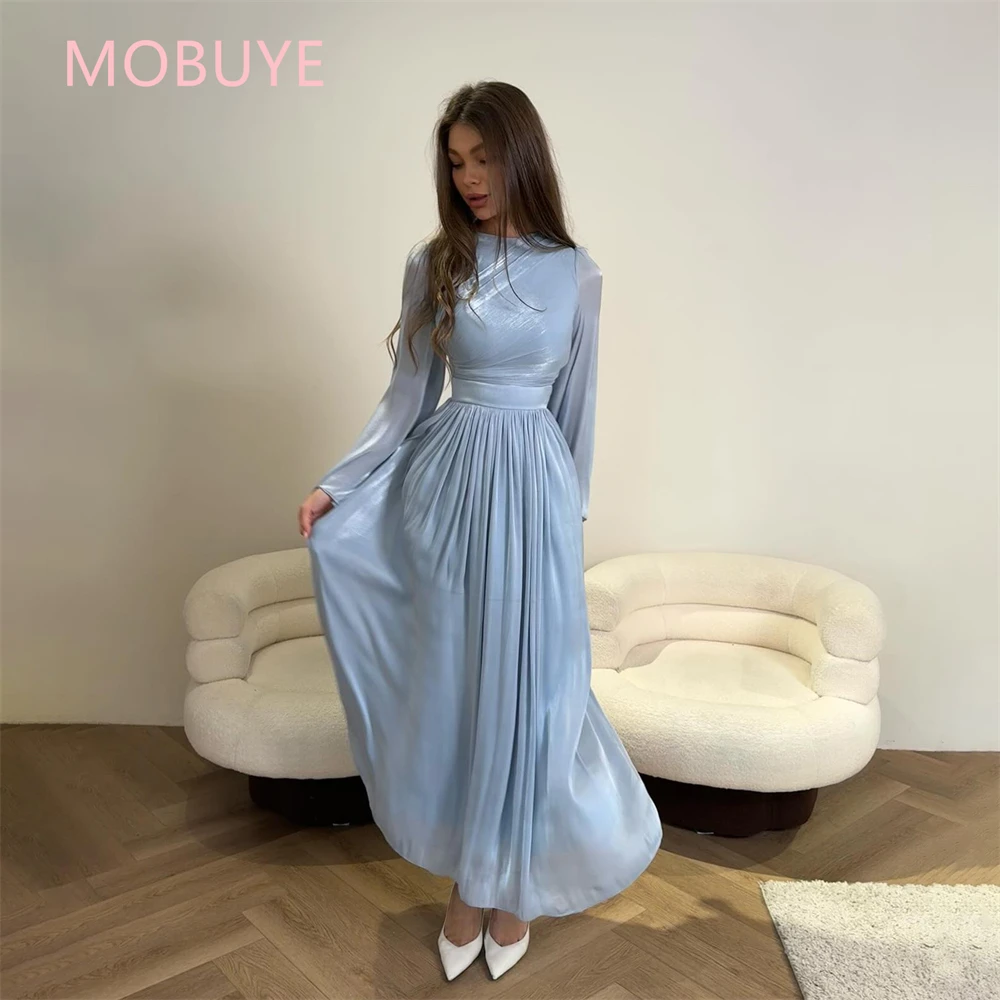 

MOBUYE 2024 Arab Dubai O Neckline Prom Dress Full Sleeves With Ankle Length Evening Fashion Elegant Party Dress For Women
