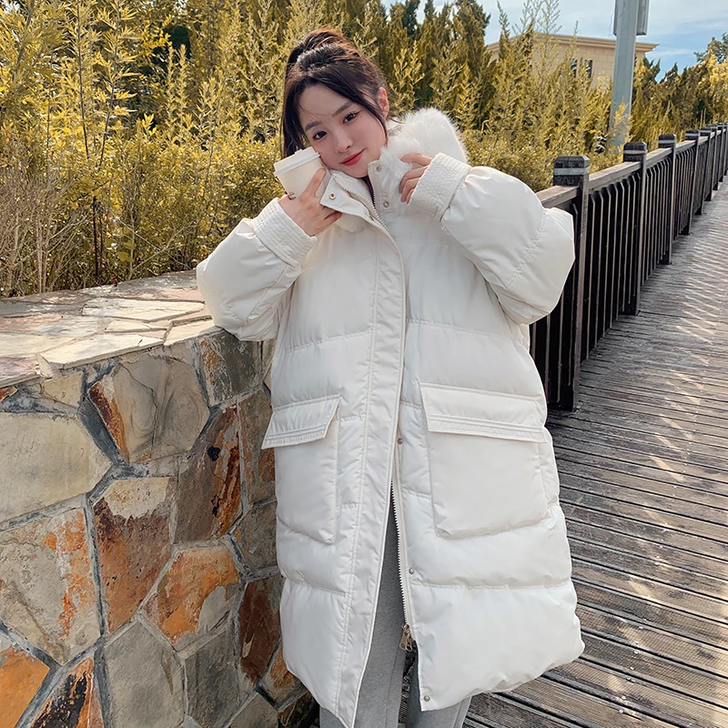 Winter Fashionable Cotton-padded Down Jacket Warm Long Sleeve Loose Fuzzy Fur Collar Pregnant Woman Coats With Large Pockets
