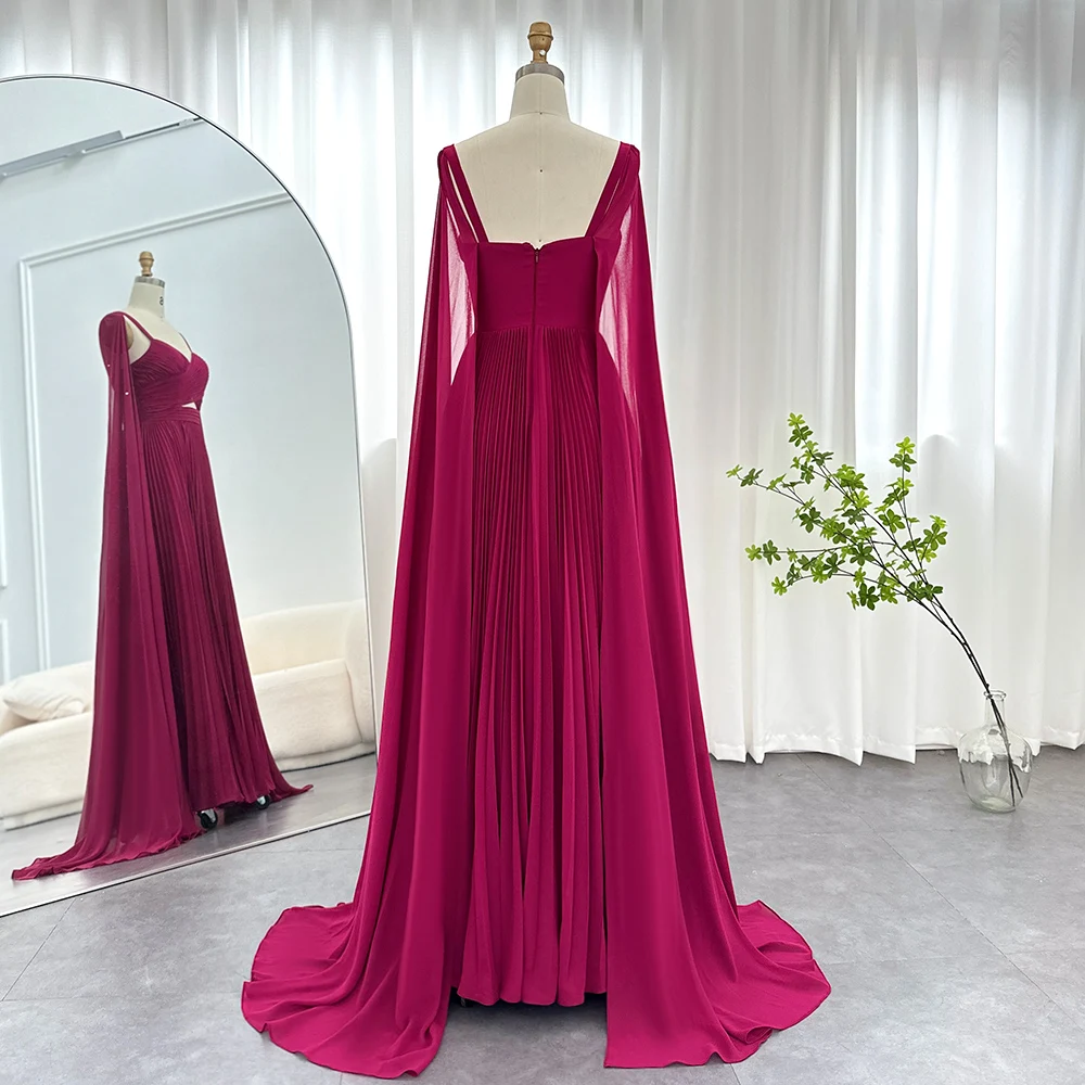 Fuchsia Chiffon Dubai Evening Dresses with Cape Sleeves Yellow Arabic Elegant Women Wedding Party Formal Gowns Mallzona