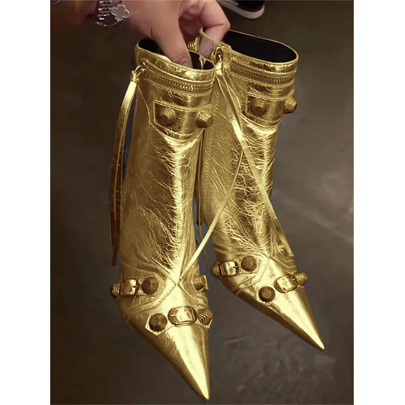

Fashion Women's Boots Pointed Toe High Heel Boots Sexy Motorcycle Ankle Boots Rivet Zip Four Seasons Party Lady Short Boots
