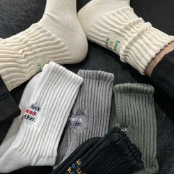 Vintage Japanese Men's Medium Tube Socks Cotton Letter Thickened Casual Socks Towel Bottom Couple Socks Knitted Sports Socks