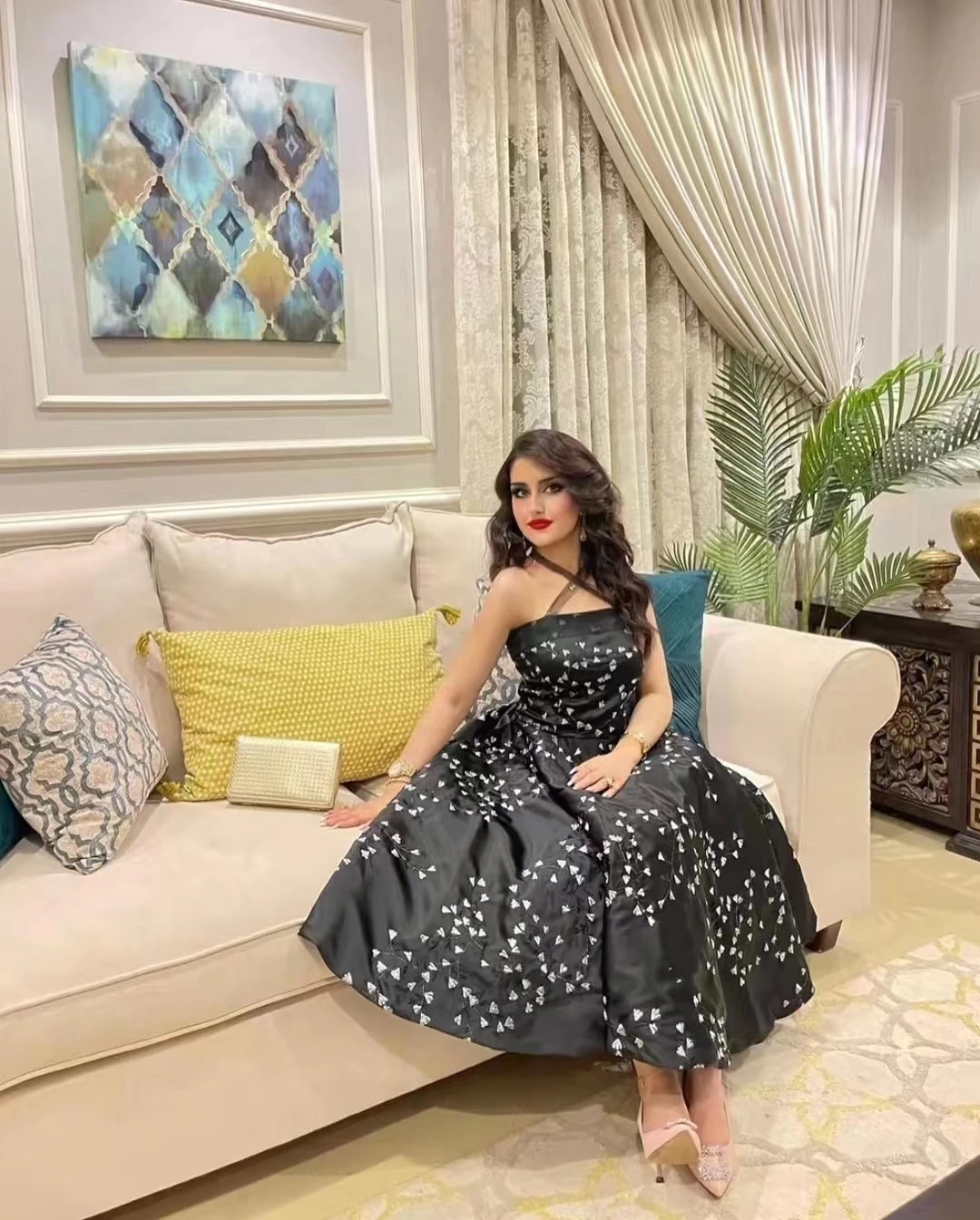 

AsaNagi Black Halter Ball Gown Women Tea-Length A Line Evening Dresses 2023 Prom فساتين سهرة فخمه Robe Femme Soirée