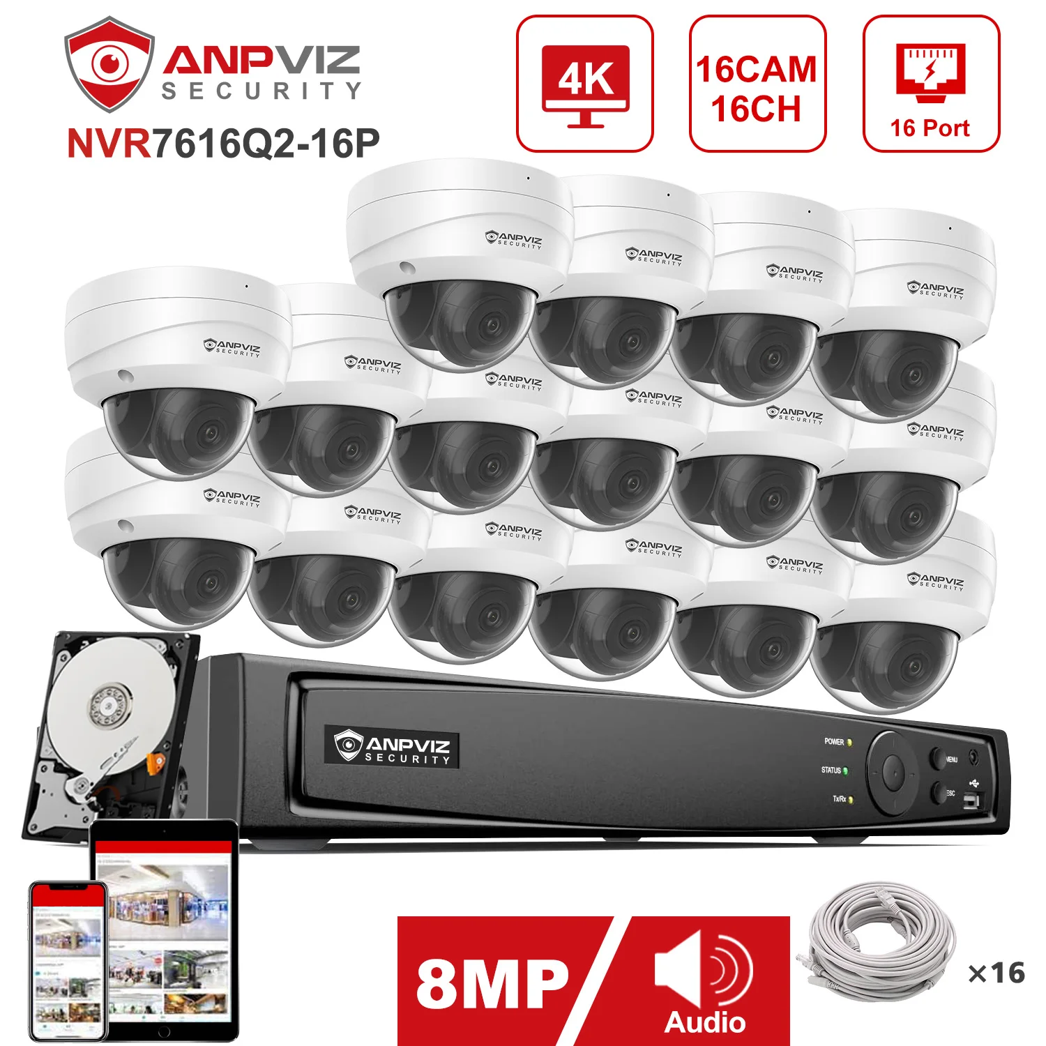 Anpviz 16CH NVR 4K 8MP POE IP Customized Camera Plug&Play System CCTV Outdoor Security Surveillance Kit Remote View H.265+ IR 30