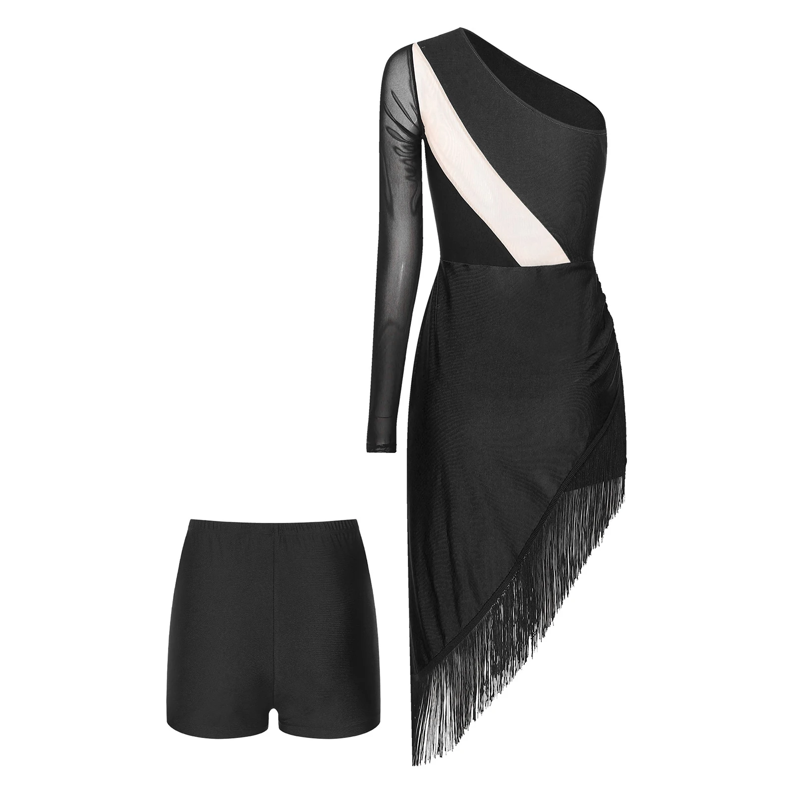 thumbnail image 1 of Vestido de baile latino con borlas y diamantes de imitación brillantes para mujer, traje de baile de salón Salsa Tango, vestido con flecos de un hombro y pantalones cortos, 1 of 5