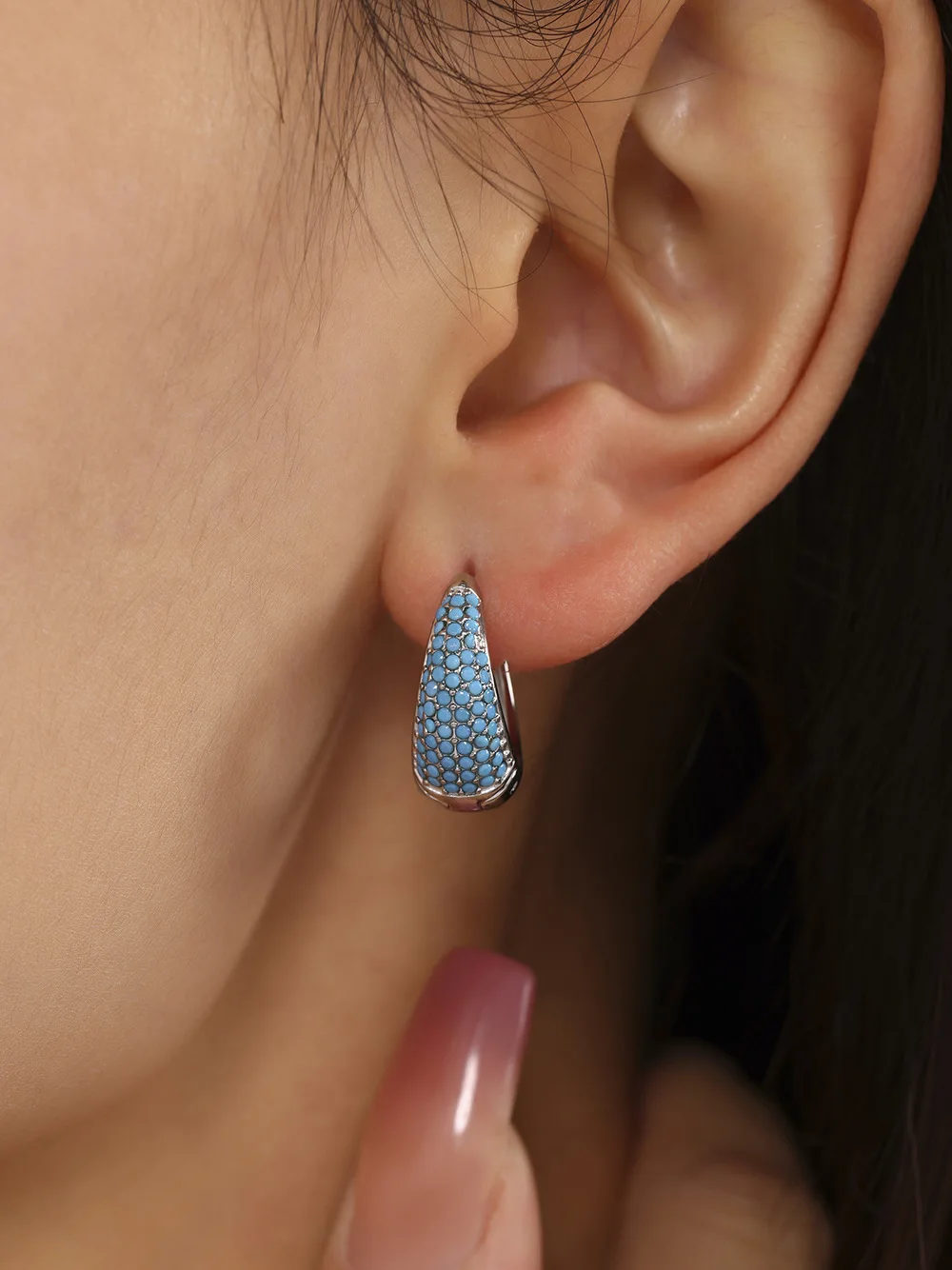 Schicke runde Zirkon-Ohrringe für Damen, vergoldeter Edelstahl, luxuriöser türkisfarbener Steine-Ohrring, wasserdichter Charm-Schmuck, Geschenk – Detail 8