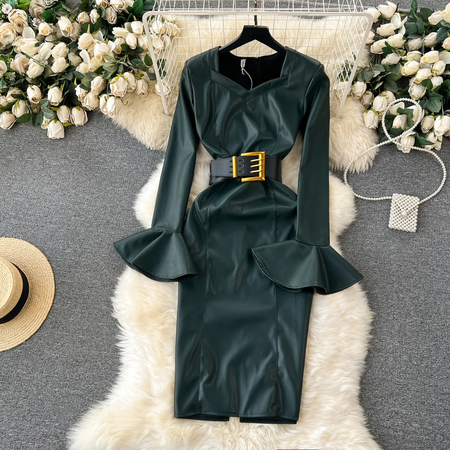 

Clothland Women Sexy PU Leather Midi Dress Flare Sleeve V Neck Belt A Line Chic Retro Mid Calf Dresses Vestido QD077