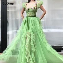 

Booma Green Sweetheart A-Line Maxi Prom Dresses Short Sleeves Flowers Ruffles High Slit Tulle Prom Gowns Formal Party Dresses