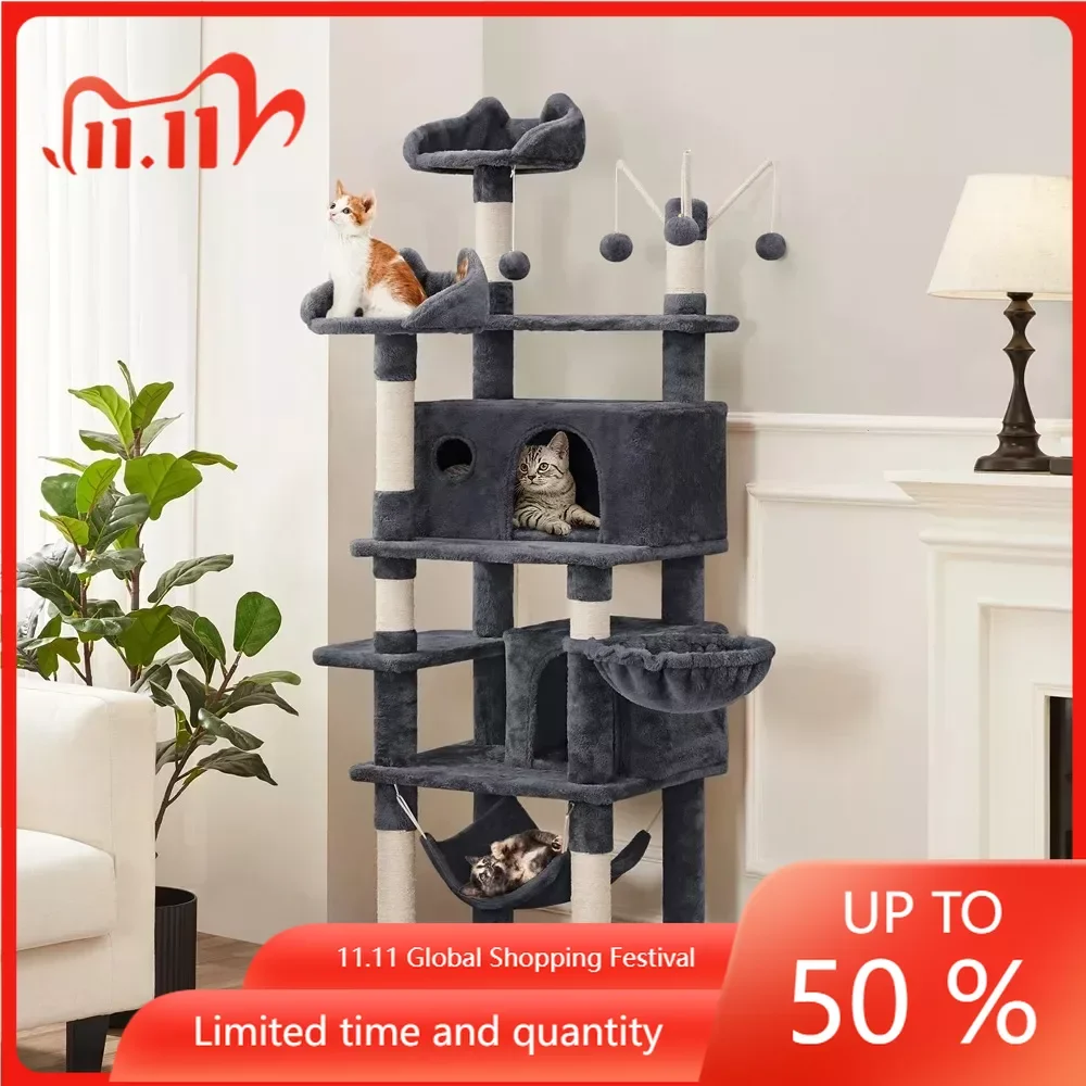 

Beds & Furniture for Cats 67 H Multi-Level Cat Tree Tower With 2 Cat Condos & Hammock Basket Bed Frame Hanging Lounger Pet Chats
