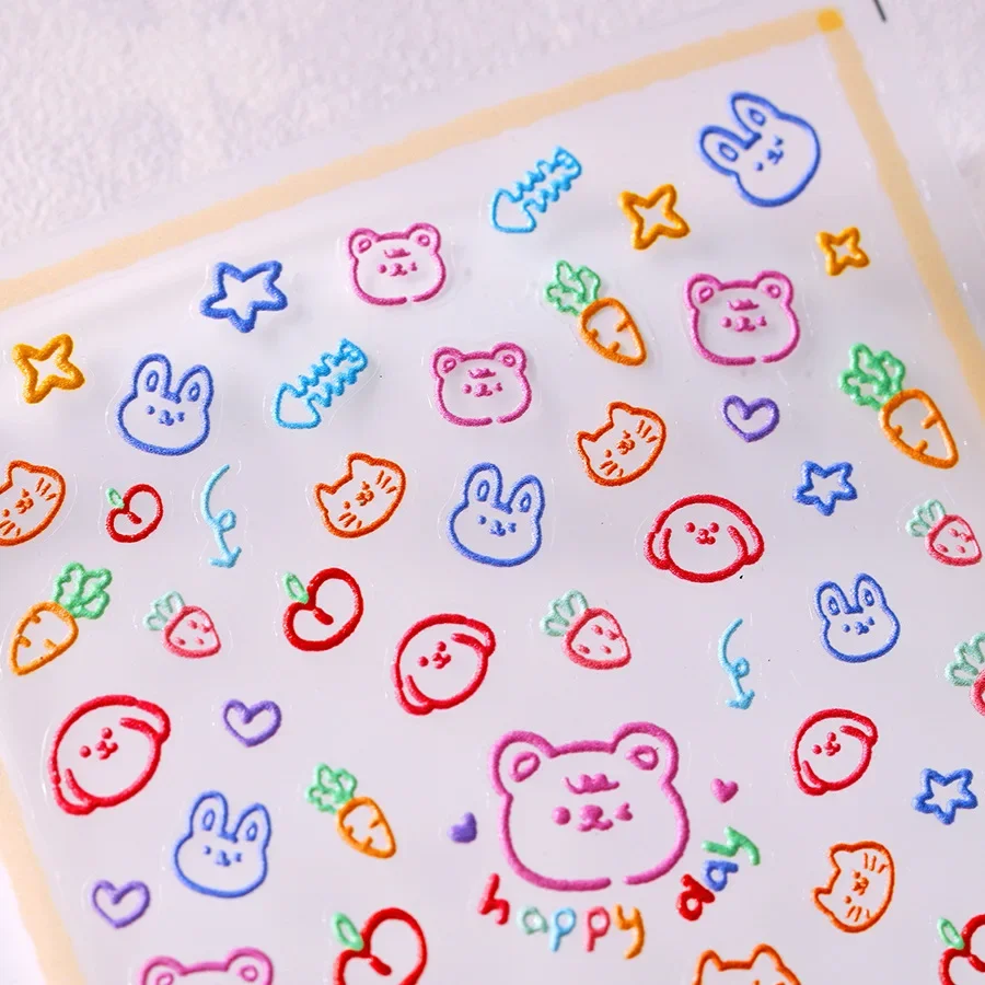 Lovely Colored Graffiti Bear Rabbit Cat Puppy Carrot Fishbone Stars 3D Flat Self Adhesive Nail Art Stickers Cute Manicure Decals 2