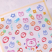 Lovely Colored Graffiti Bear Rabbit Cat Puppy Carrot Fishbone Stars 3D Flat Self Adhesive Nail Art Stickers Cute Manicure Decals 2