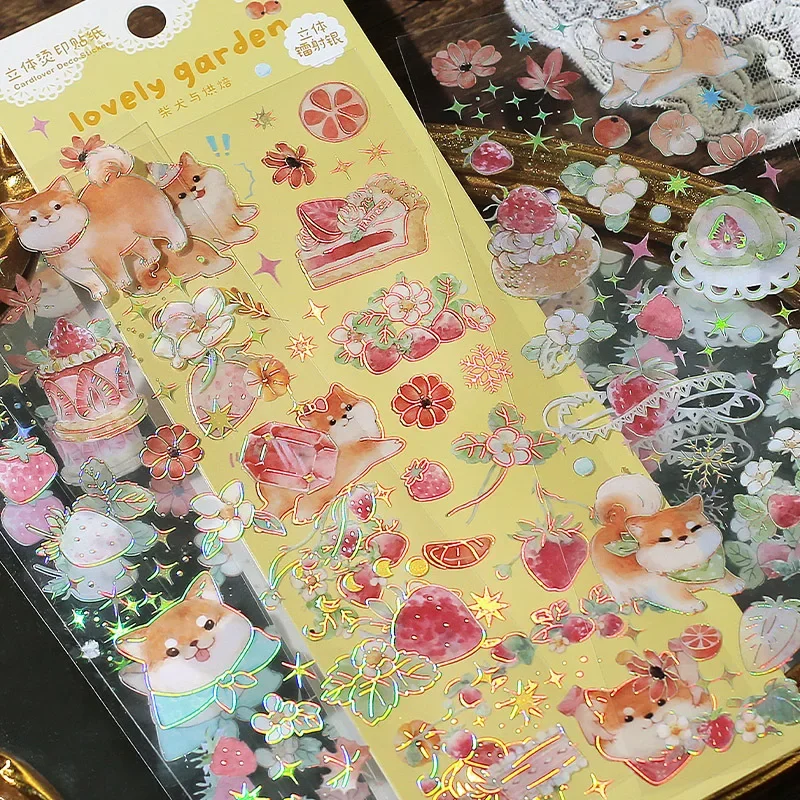 

3 Sheets/pack Laser Bronzing PET Hot Stamping Stickers Cute Courtyard Bear Rabbit Cat Dog Hand Account Decorative Stickers