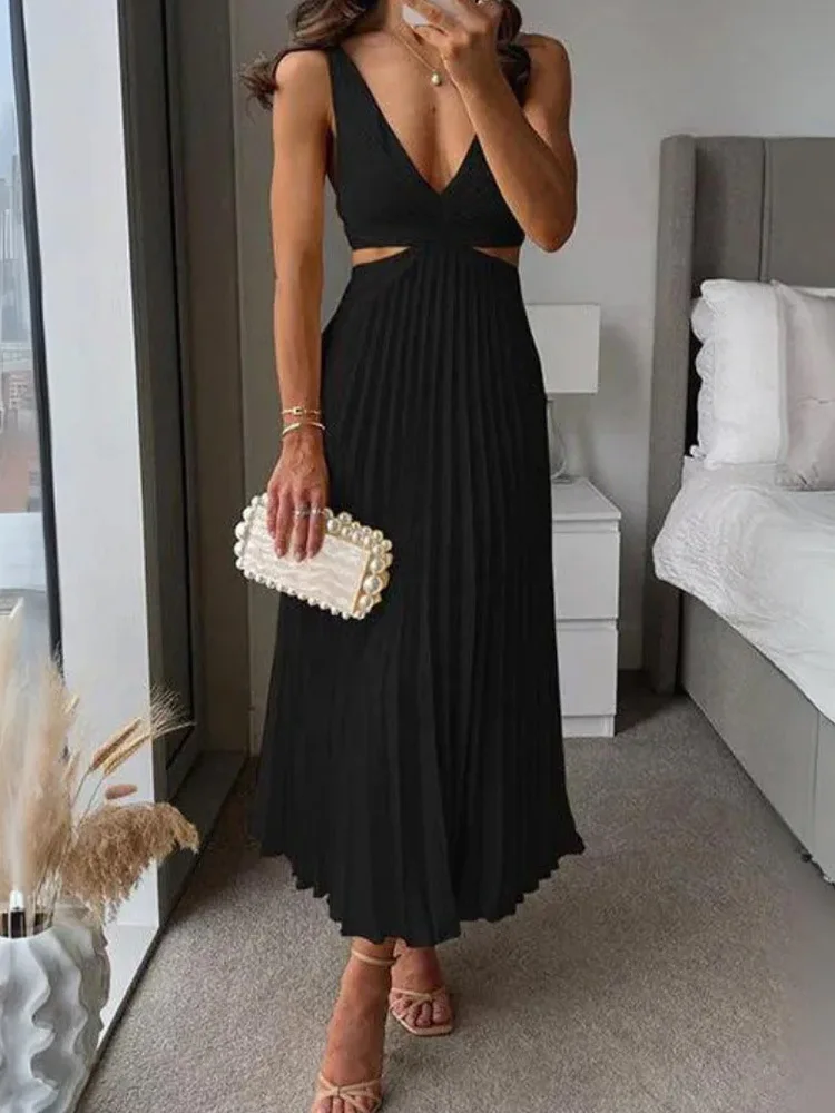 Elegant Long Summer V-neck Sleeveless Hollow Out Backless Sexy Dress . S-xxL - view