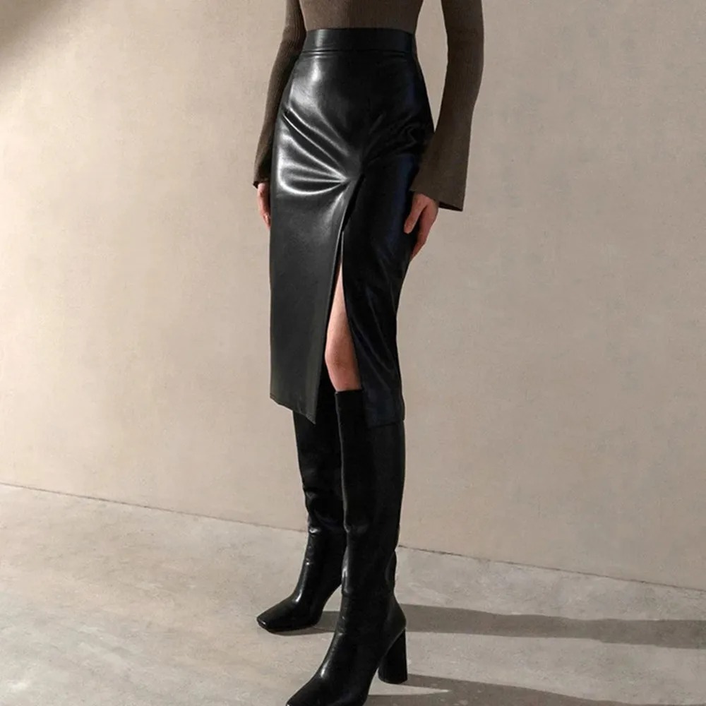 Black Vintag Faux Leather Long Skirt for Women High Waist Split Chic and Elegant PU Pencil Midi Skirt Autumn Winter Office Lady