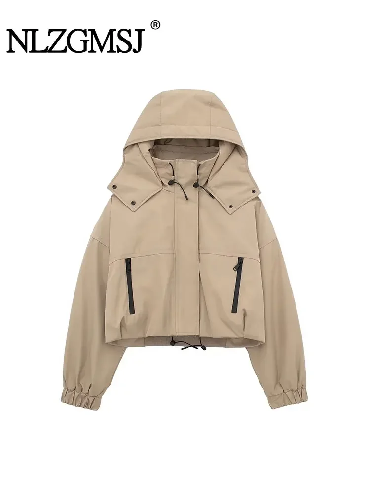 

Nlzgmsj TRAF 2024 Woman Hooded Short Jacket Coats Single Breasted Zipper Vintage Long Sleeve Autumn Winter Causal Loose Tops