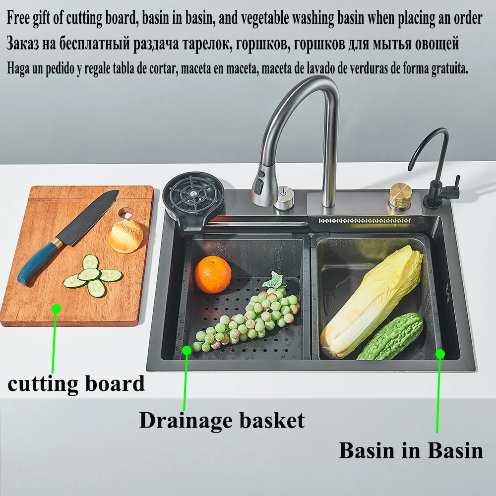 Kitchen Accessories Kitchen Sink Kitchen Sink Faucet Set Waterfall Kitchen Sink 304 Stainless Steel Large Single Slot Integrated Faucet Set Soap Dispenser Cup washer With Fancet