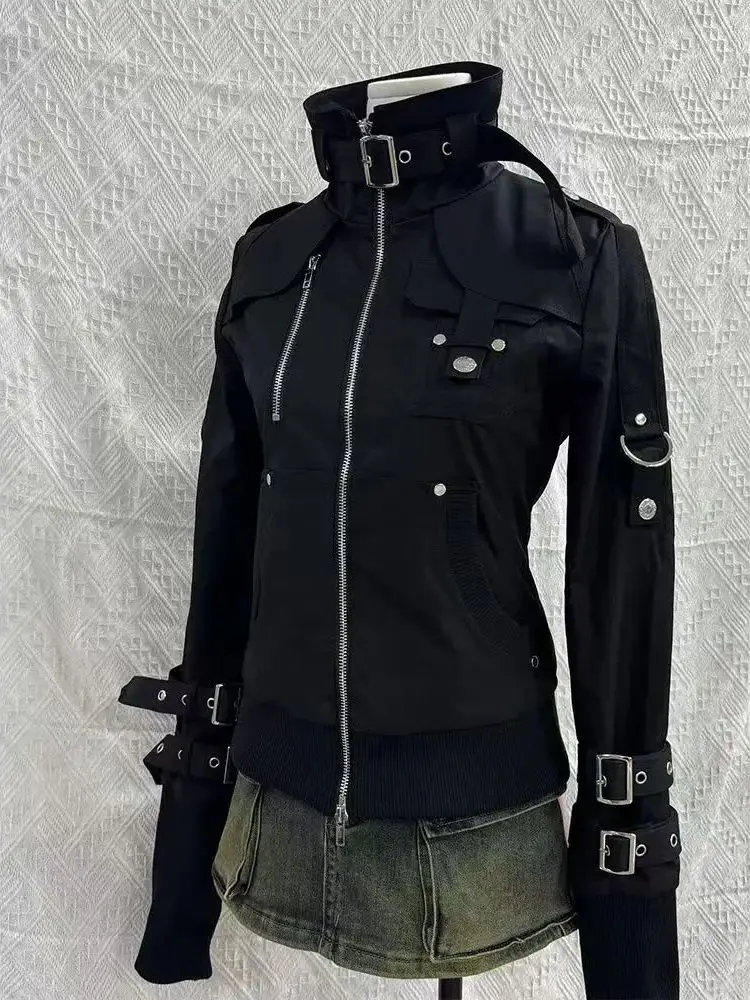 Y2K Gothic Black Slim Double Zipper Hoodie Women's Y2K American Retro Fashion Slim Oversized Cuffs Casual Motorcycle Jacket