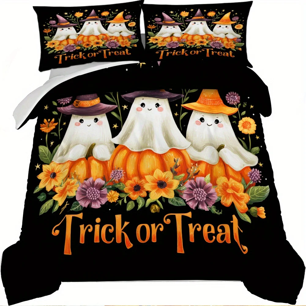 3pcs Halloween Pumpkin Ghost Pattern Printed Duvet Cover Set, High-Definition Printed Bedding Set