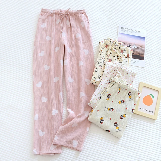 Women Pajama Pants 100% Cotton Crepe Breathable Comfortable Trousers  Elastic Waist Full Length Loose Soft