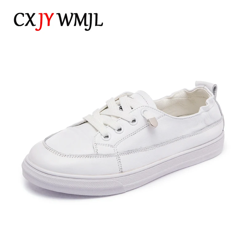 

CXJYWMJL Genuine Leather Women Court Sneakers Autumn Casual Vulcanized Shoes Ladies Sports White Skate Shoes Spring Lace-up