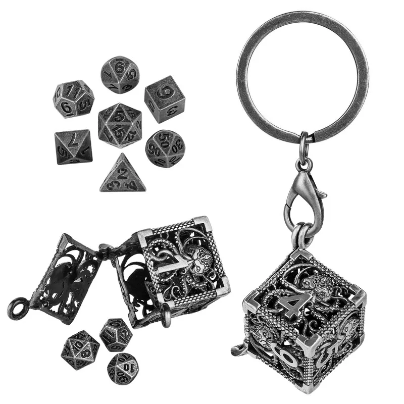 Antique Hollow D6 Octopus Storage Case with 7pcs Tiny Metal Polyhedral Dice Set Pendant Necklace Chain Key Ring Decoration