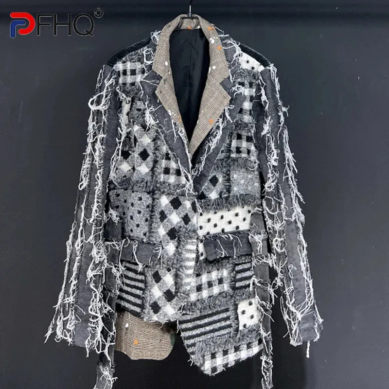 

PFHQ Men's Worn Out Suit Jackets Fake Two Pieces Denim Motorcycle Plaid Avant-garde Handsome Patchwork Autumn Blazers 21Z2151