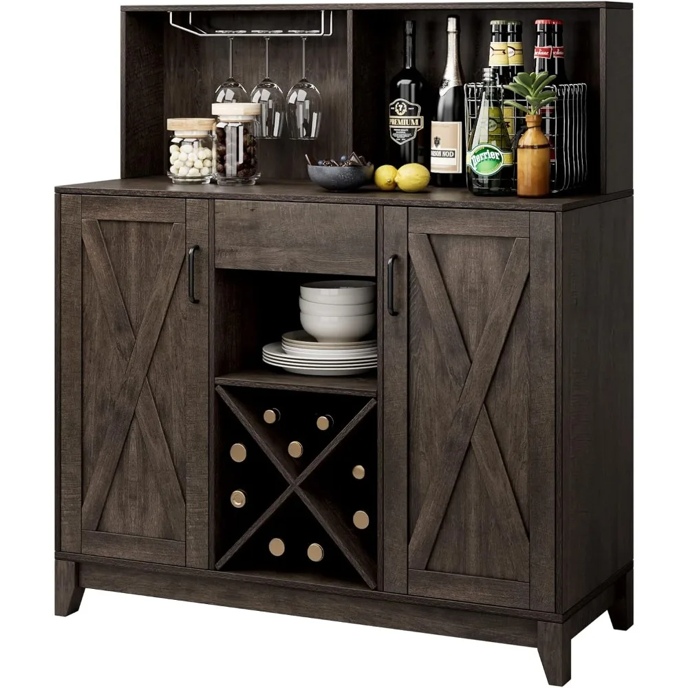 Modern Farmhouse Coffee Bar Cabinet Barn Doors Wine Liquor Bar Cabinet Storage Hutch Kitchen Sideboard Buffet Dark Brown