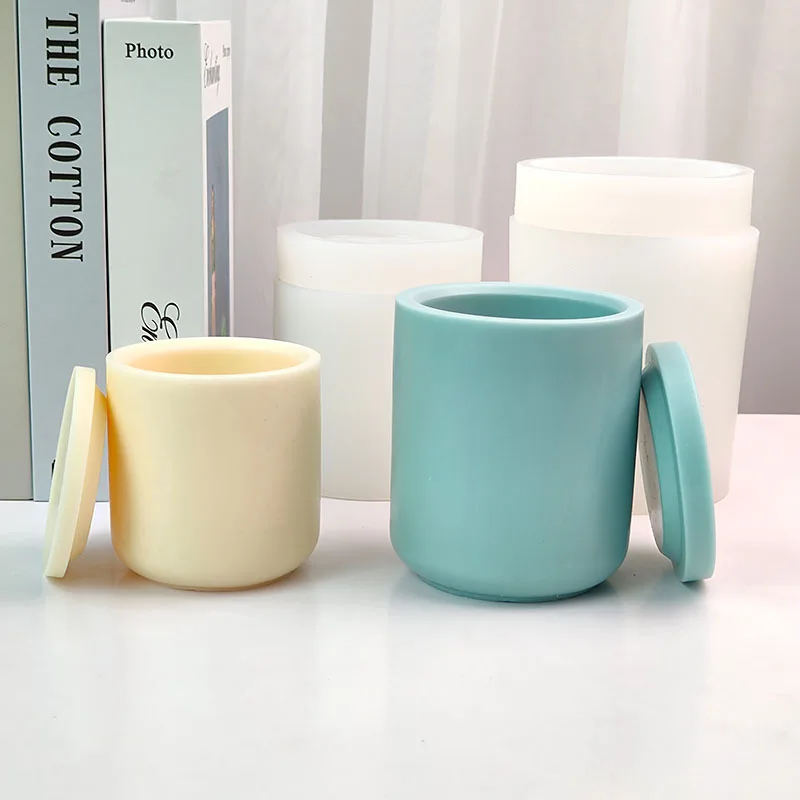 

Cylindrical Cement Candle Jar Mold with Lid Concrete Candle Vessel Silicone Mould DIY Home Decor Tools Storage Box Glue Mold