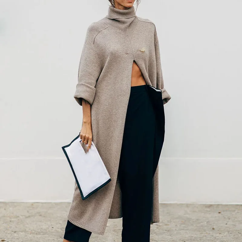 

Fashion Streetwear Loose Solid Sweater Top New Turtleneck Knitted Pullover 2023 Casual Lady Commuter High Split Straight Sweater